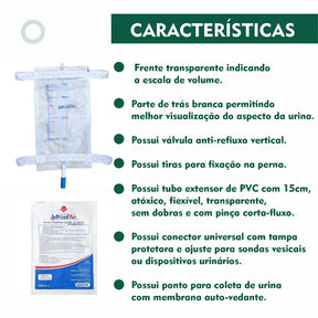 Kit 5 Coletores de Urina de Perna 750ml com Extensão Sistema Fechado - Secura Care Viva Secura